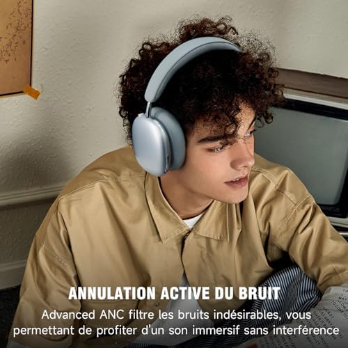 Freepods 120H Casque Bluetooth CASSENEUIL, Casque sans Fil Over-Ear Argenté, Grande Autonomie, Réduction Bruit Actif, US